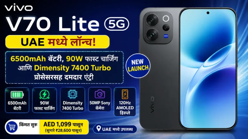 Vivo V70 Lite 5G स्मार्टफोन 6500mAh बॅटरी, 90W फास्ट चार्जिंग, 50MP कॅमेरा आणि Dimensity 7400 Turbo प्रोसेसरसह UAE मध्ये लॉन्च.